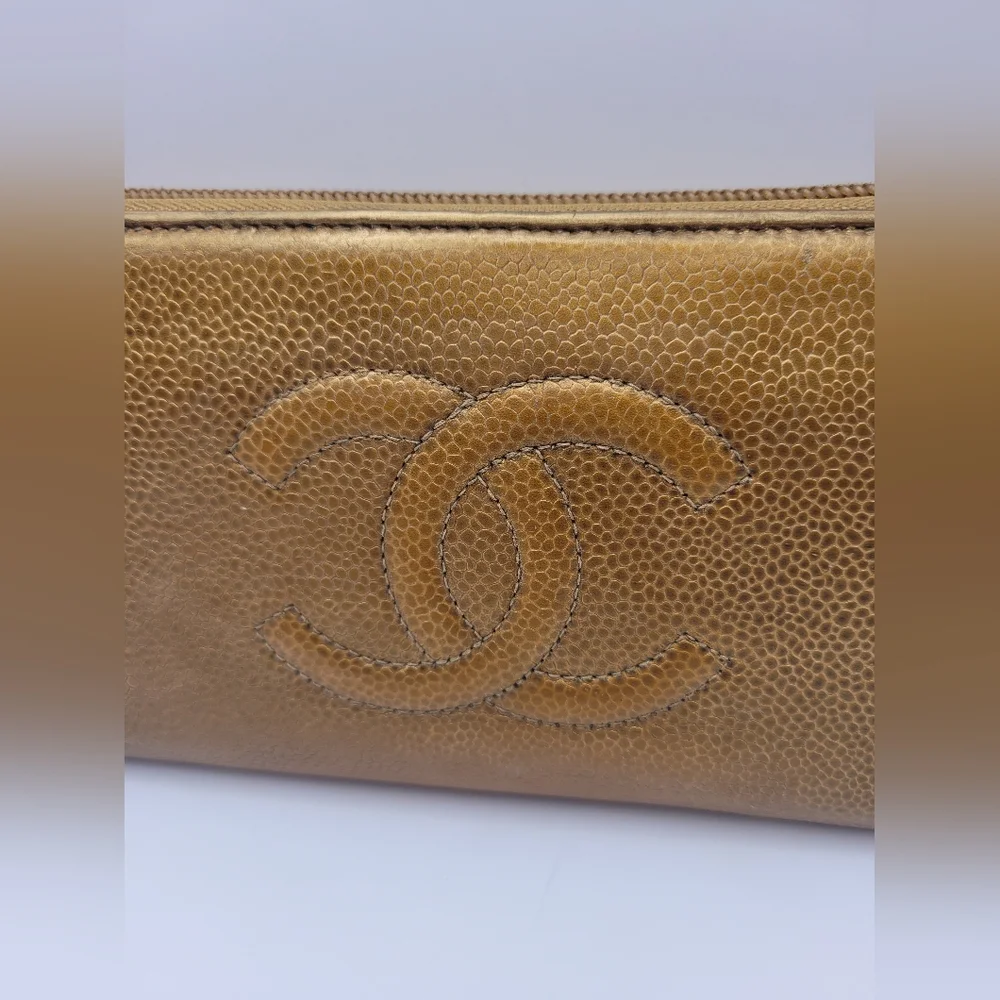 Chanel Bronze Caviar Leather Zip Around Wallet / Clutch